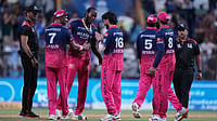 AP/Ajit Solanki : Brijesh Sharma, third from left, and Jofra Archer celebrate after Rajasthan Royals' win in their Indian Premier League match against Mumbai Indians in Mumbai.