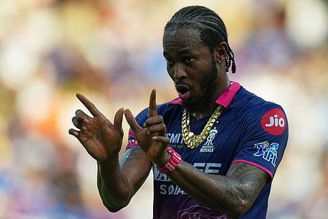 Rajasthan Royals' Jofra Archer gestures during the Indian Premier League cricket match between Mumbai Indians and Rajasthan Royals in Mumbai.