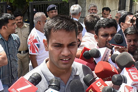 Harshit Sharma, brother of former model-turned-actor Twisha Sharma, speaks to the media as the family members take the mortal remains of Twisha after the second postmortem for last rites, at AIIMS Bhopal.