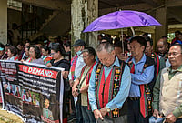 | Photo: PTI : People hold a banner and participate in a protest rally demanding the immediate release of six civilians allegedly held hostage by suspected Kuki militants, in Imphal, Manipur. More than 38 people were abducted and held hostage by armed groups in Kangpokpi and Senapati districts on May 13, hours after three church leaders were killed in an ambush in Kangpokpi district.