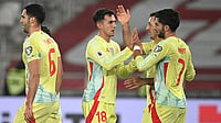 Photo: File/AP : Spain's players celebrate after scoring their side's third goal during a World Cup 2026 group E qualifying match between Georgia and Spain in Tbilisi, Georgia. 