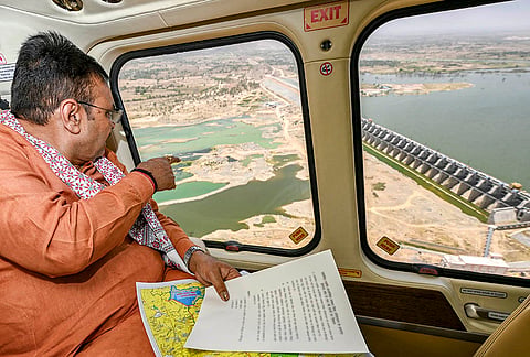 Rajasthan Chief Minister Bhajanlal Sharma conducts an aerial survey of progress works and irrigation projects at the Isarda Dam, in Sawai-Madhopur district, Rajasthan. 