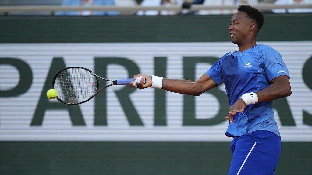 Gael Monfils of France returns to Hugo Gaston of France during their first round men's singles tennis match at the French Open tennis tournament in Paris, Monday, May 25, 2026. - AP Photo/Aurelien Morissard