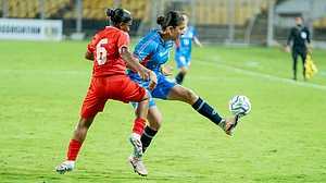 AIFF : Aveka Singh (right) in action for India against Maldives during their SAFF Women's Championship match in Goa.