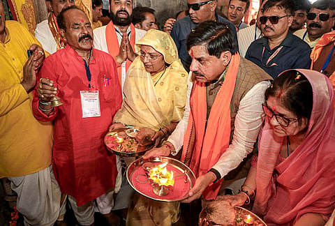 Madhya Pradesh Chief Minister Mohan Yadav offers prayers at Bhojshala following the High Court verdict recognising the site as a temple, in Dhar.