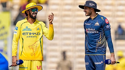 Chennai Super Kings’ captain Ruturaj Gaikwad, left, and Gujarat Giants’ captain Shubman Gill during the toss before an Indian Premier League (IPL) T20 cricket match between Chennai Super Kings and Gujarat Titans, in Chennai, Tamil Nadu.