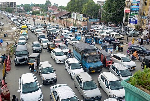 Vehicles stuck in traffic on the eve of Bakra Eid (Eid al-Adha) festival, in Srinagar, Jammu and Kashmir.