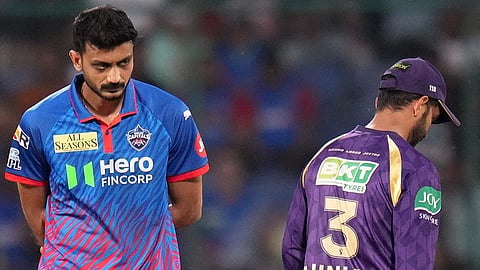 Delhi Capitals' captain Axar Patel, left, and Kolkata Knight Riders' captain Ajinkya Rahane during the toss before an Indian Premier League (IPL) 2026 T20 cricket match between Delhi Capitals and Kolkata Knight Riders, in New Delhi.
