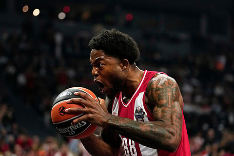Olympiacos' Tyrique Jones reacts during the Euroleague final basketball match between Olympiacos and Real Madrid in Athens, Greece.