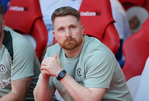 Chelsea manager Calum McFarlane looks on during the English Premier League soccer match between Sunderland and Chelsea in Sunderland, England.|