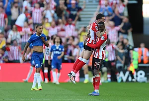 | Photo: Richard Sellers/PA via AP : Sunderland's Nordi Mukiele, right, celebrates at the final whistle after the Premier League match between Sunderland and Chelsea, in Sunderland, England.