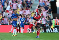 | Photo: Richard Sellers/PA via AP : Sunderland's Nordi Mukiele, right, celebrates at the final whistle after the Premier League match between Sunderland and Chelsea, in Sunderland, England.