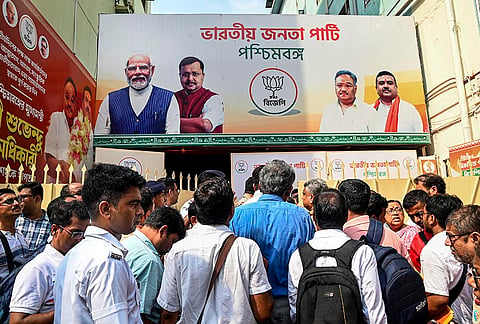 People gather to meet West Bengal Chief Minister Suvendu Adhikari, unseen, during the 'Janata Darbar' programme, at BJP office, in Kolkata, West Bengal.
