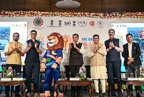 Union Minister Mansukh Mandaviya during the press conference and launch event of World Yogasana Championship 2026, scheduled to be held from June 4th to 8th in Ahmedabad, in New Delhi.