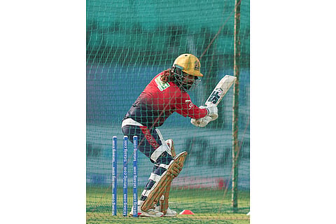 Royal Challengers Bengaluru's captain Rajat Patidar plays a shot during a practice session ahead of an Indian Premier League (IPL) 2026 T20 first qualifier cricket match between Royal Challengers Bengaluru and Gujarat Titans, in Dharamshala, Himachal Pradesh.