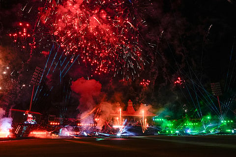 Fireworks light up the sky at innings break during the Indian Premier League (IPL) 2026 T20 first qualifier cricket match between Royal Challengers Bengaluru and Gujarat Titans, in Dharamsala, Himachal Pradesh.
