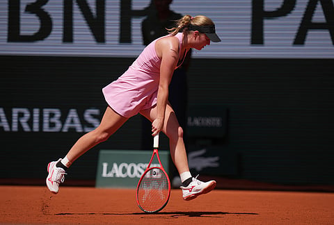 Veronika Erjavec of Slovenia plays against Elena Rybakina of Kazakhstan during their first round women's singles tennis match at the French Open tennis tournament in Paris.