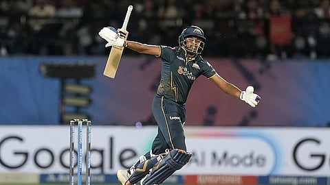 Sai Sudharsan loses grip of his bat before it hits the stumps, resulting in his dismissal during the Indian Premier League cricket match between Gujarat Titans and Royal Challengers Bengaluru in Dharamsala.