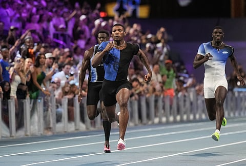 Fred Kerley, of the United States, competes in the men's 100-meter final at the Enhanced Games in Las Vegas.