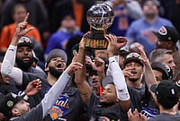 Cavaliers Vs Knicks, NBA Playoffs: New York Beat Cleveland 4-0, Head To The Finals | Photo: AP/Tim Phillis : The New York Knicks hold the Eastern Conference Championship trophy after Game 4 in the Eastern Conference finals NBA basketball playoffs series against the Cleveland Cavaliers in Cleveland.