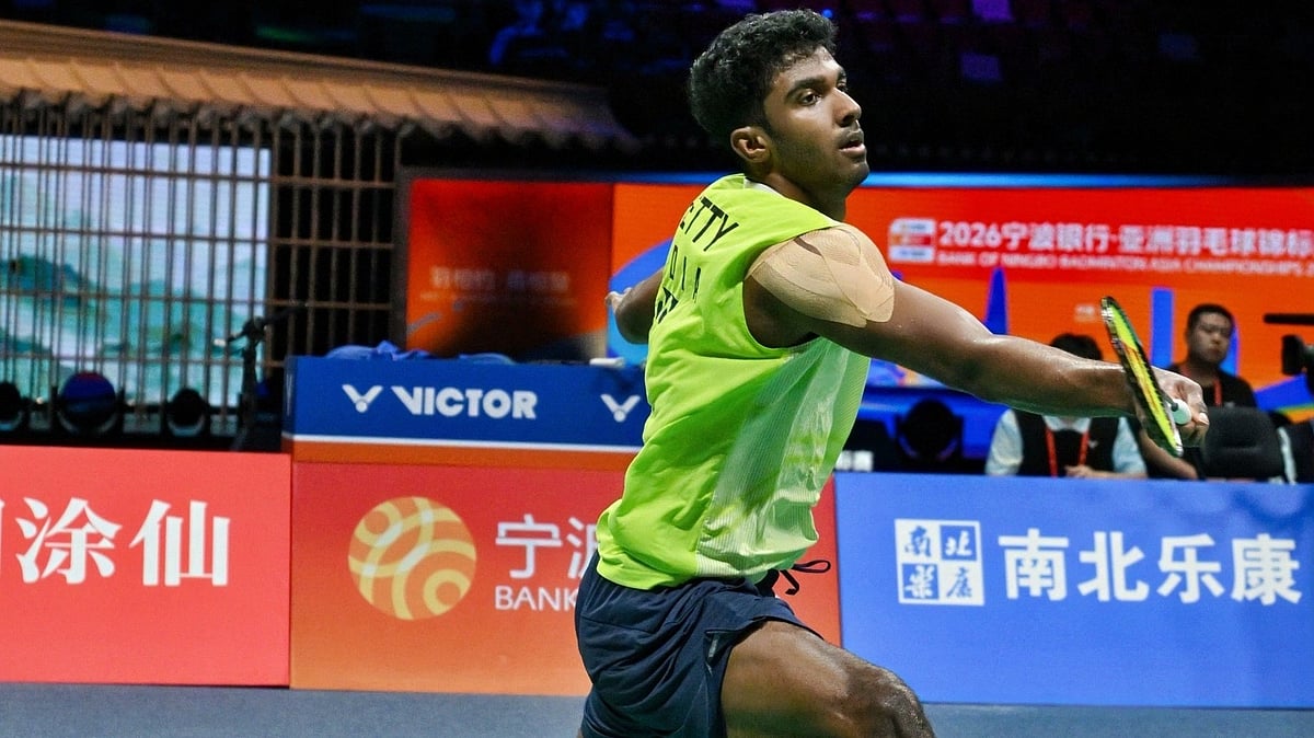 Ayush Shetty in action in the 2026 Badminton Asia Championships. - | Photo: X/BAI_media