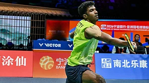 | Photo: X/BAI_media : Ayush Shetty in action in the 2026 Badminton Asia Championships.