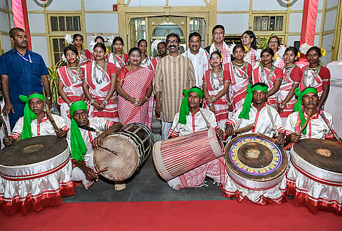 Jharkhand Chief Minister Hemant Soren in a group photograph with artists and others during the launch event of the ‘Aadhinivas App’, in Ranchi. 