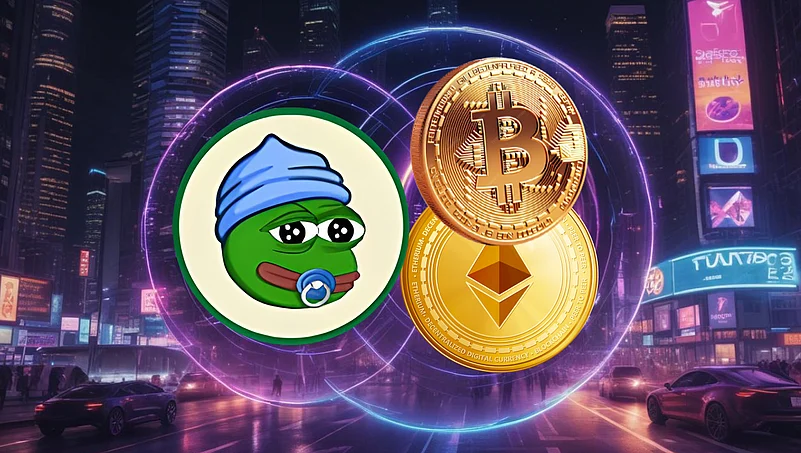 Pepe coin with Bitcoin and Ethereum in a futuristic city
