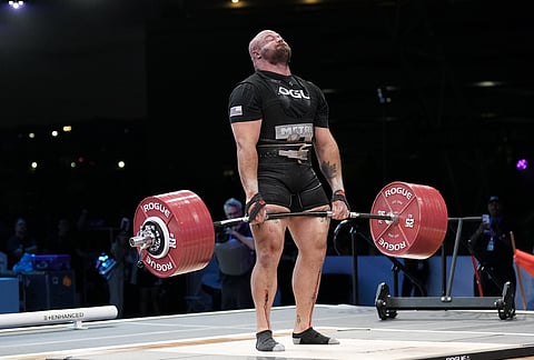 Mitchell Hooper, of Canada, competes in the men's deadlift competition at the Enhanced Games in Las Vegas.