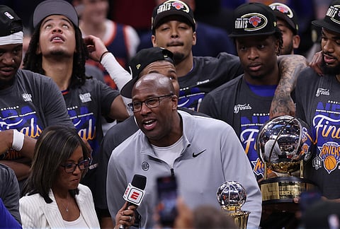 New York Knicks head coach Mike Brown is interview after winning Game 4 in the Eastern Conference finals NBA basketball playoffs series against the Cleveland Cavaliers in Cleveland.