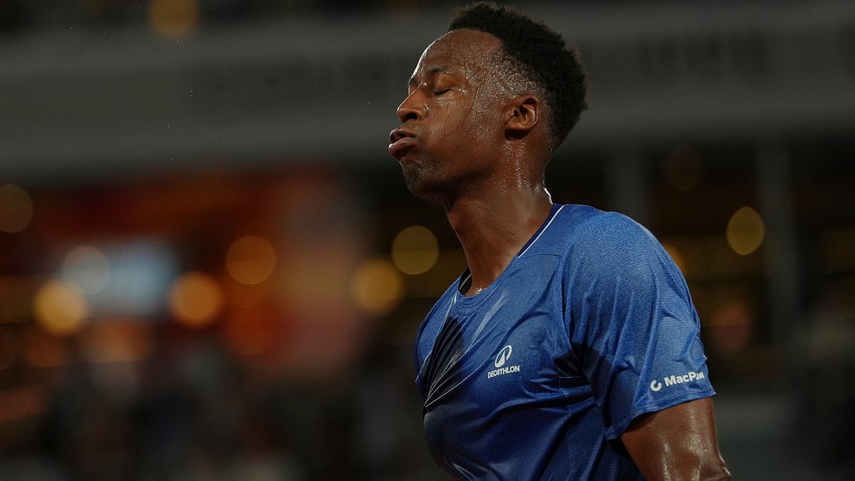 Gael Monfils of France reacts as he plays against Hugo Gaston of France during their first round men's singles tennis match at the French Open tennis tournament in Paris, Monday, May 25, 2026 - (AP Photo/Aurelien Morissard)