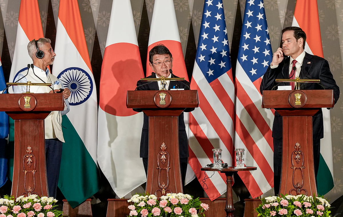 New Delhi: From left, External Affairs Minister S Jaishankar, Japanese Foreign Minister Toshimitsu Motegi and US Secretary of State Marco Rubio during a joint press conference after attending the Quad Foreign Ministers' Meeting, in New Delhi, Tuesday, May 26, 2026. -  (PTI Photo/Ravi Choudhary)