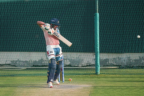 Gujarat Titans' Nishant Sindhu plays a shot during a practice session ahead of an Indian Premier League (IPL) 2026 T20 first qualifier cricket match between Royal Challengers Bengaluru and Gujarat Titans, in Dharamshala, Himachal Pradesh.
