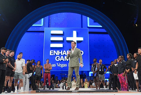 Enhanced CEO Maximilian Martin speaks during an award ceremony at the Enhanced Games in Las Vegas.