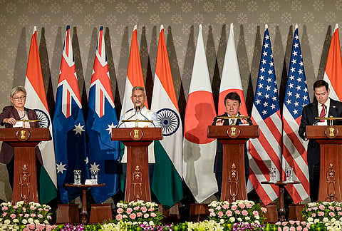 From left, Australian Foreign Minister Penny Wong, External Affairs Minister S Jaishankar, Japanese Foreign Minister Toshimitsu Motegi and US Secretary of State Marco Rubio during a joint press conference after attending the Quad Foreign Ministers' Meeting, in New Delhi.