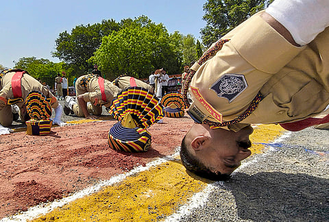 Newly inducted constables perform a drill demonstration during the Joint Convocation Parade 2026 ceremony at the Police Training College, in Indore. A total of 617 constables participated in the passing out parade. 