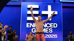 AP Photo/Jae C. Hong : Swimmer Kristian Gkolomeev, of Greece, is applauded during an award ceremony at the Enhanced Games in Las Vegas, Sunday, May 24, 2026. He won a USD 1 million bonus.