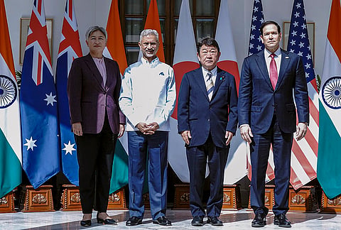 From left, Australian Foreign Minister Penny Wong, External Affairs Minister S Jaishankar, Japanese Foreign Minister Toshimitsu Motegi and US Secretary of State Marco Rubio during the Quad Foreign Ministers' Meeting, in New Delhi. 