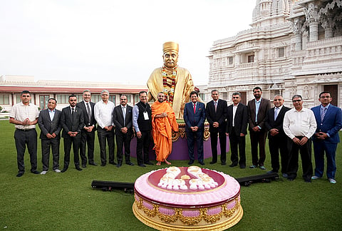 Union Commerce and Industry Minister Piyush Goyal, seventh right, during his visit to the BAPS Shri Swaminarayan Mandir, in Toronto, Canada. 