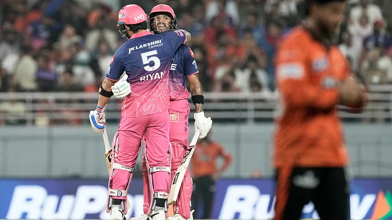 Rajasthan Royals’ Dhruv Jurel, facing the camera, is congratulated by captain Riyan Parag after completing his 50 during the Indian Premier League cricket match between Rajasthan Royals and Sunrisers Hyderabad in New Chandigarh, India, Wednesday, May 27, 2026. - | Photo: AP/Ashwini Bhatia