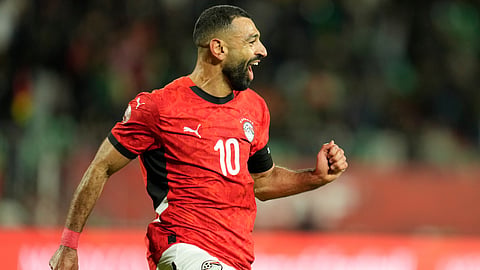 Egypt’s Mohamed Salah celebrates after scoring his side’s third goal during the Africa Cup of Nations round of 16 soccer match between Egypt and Benin in Agadir, Morocco, Monday, Jan. 5, 2026.