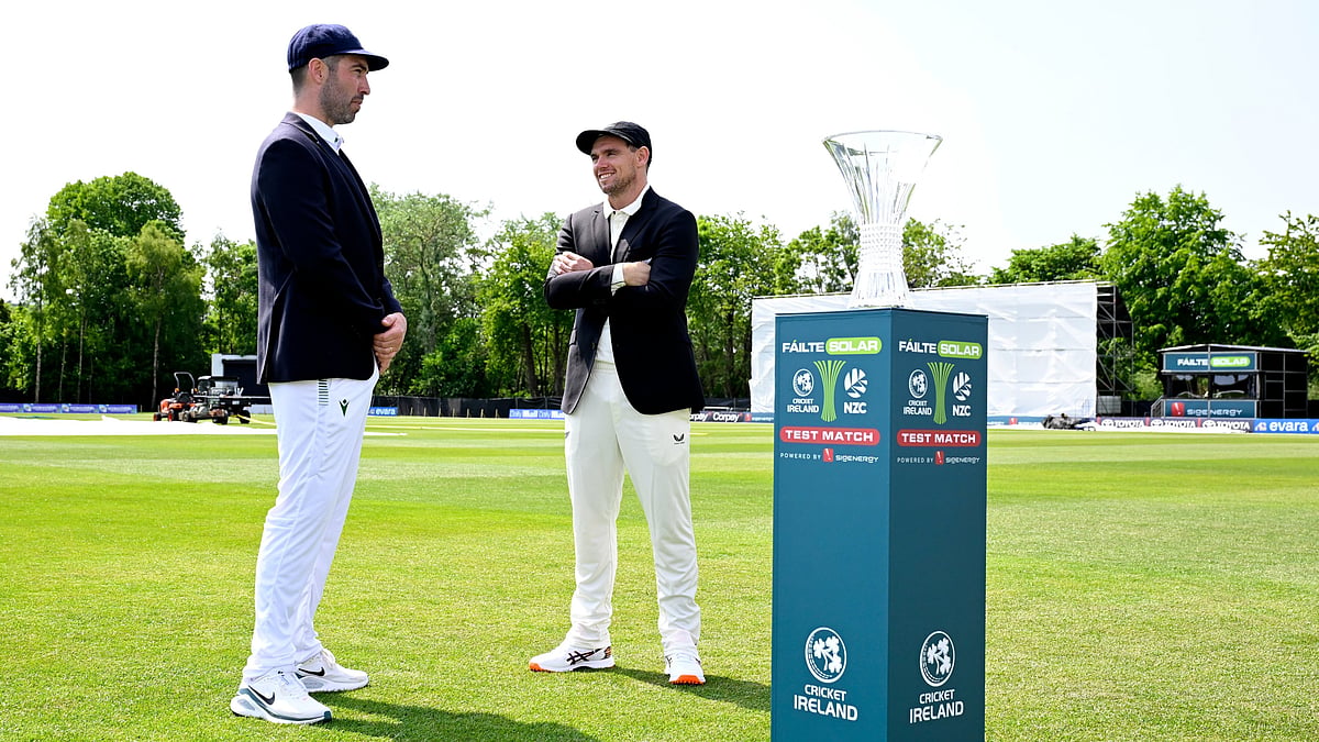 X/Cricket Ireland : Captains Tom Latham (right) and Andrew Balbirnie at the toss for the one-off Test between Ireland and New Zealand in Belfast.