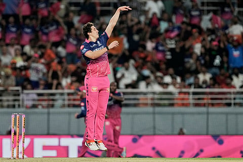 Rajasthan Royals' Nandre Burger celebrates the wicket of Sunrisers Hyderabad's Smaran Ravichandran during the Indian Premier League cricket match between Rajasthan Royals and Sunrisers Hyderabad in New Chandigarh, India.