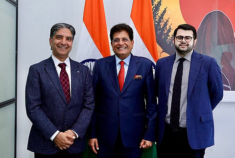 Union Commerce and Industry Minister Piyush Goyal, centre, with Neo Performance Materials president and CEO Rahim Suleman, left, during a meeting on expanding India-Canada cooperation in critical minerals, rare earth processing and advanced materials, in Toronto, Canada. 