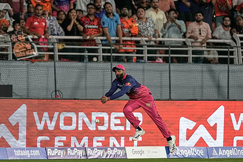 Rajasthan Royals' Ravindra Jadeja drops the catch of Sunrisers Hyderabad's captain Ishan Kishan during the Indian Premier League cricket match between Rajasthan Royals and Sunrisers Hyderabad in New Chandigarh, India.