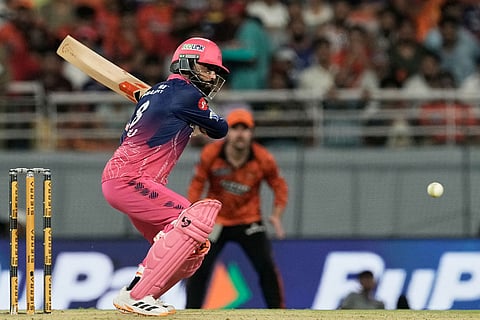 Rajasthan Royals' Ravindra Jadeja plays a shot during the Indian Premier League cricket match between Rajasthan Royals and Sunrisers Hyderabad in New Chandigarh, India.