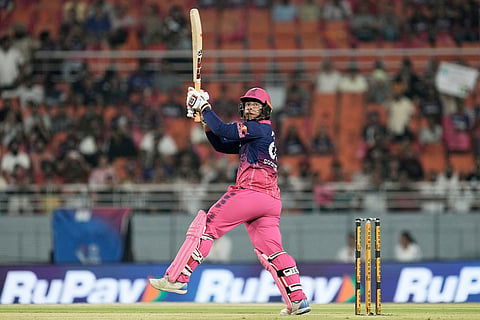 Rajasthan Royals' Vaibhav Sooryavanshi plays a shot during the Indian Premier League cricket match between Rajasthan Royals and Sunrisers Hyderabad in New Chandigarh, India.