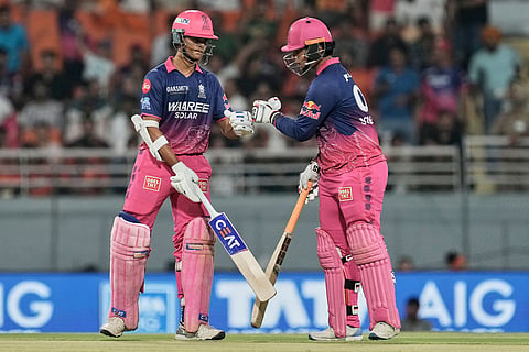 Rajasthan Royals'' Yashasvi Jaiswal, left, Vaibhav Sooryavanshi toss during the Indian Premier League cricket match between Rajasthan Royals and Sunrisers Hyderabad in New Chandigarh, India.
