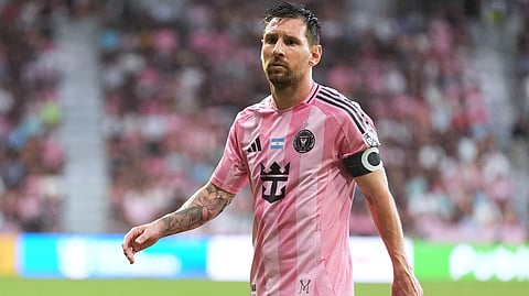 Inter Miami forward Lionel Messi (10) walks on the field during the first half of an MLS soccer match against Philadelphia Union, Sunday, May 24, 2026, in Miami.