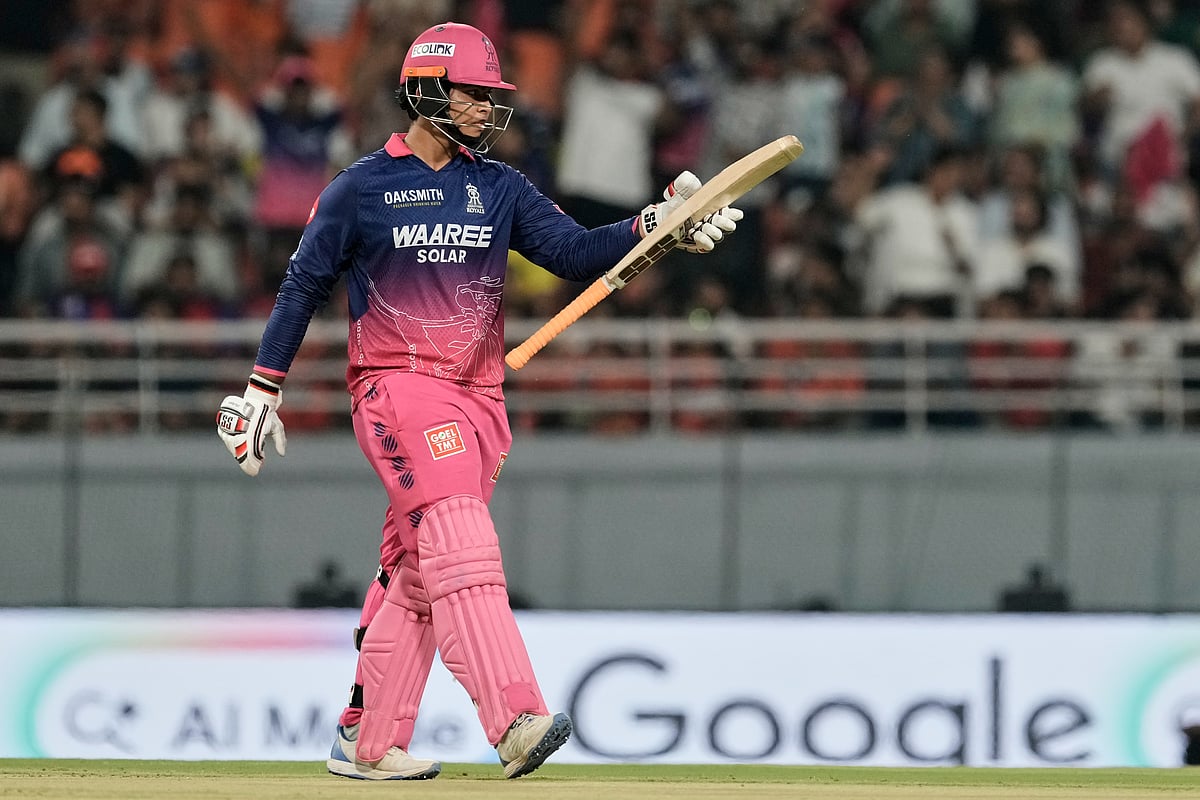Rajasthan Royals’ Vaibhav Sooryavanshi celebrates his fifty runs during the Indian Premier League cricket match between Rajasthan Royals and Sunrisers Hyderabad in New Chandigarh, India, Wednesday, May 27, 2026.  - | Photo: AP/Ashwini Bhatia